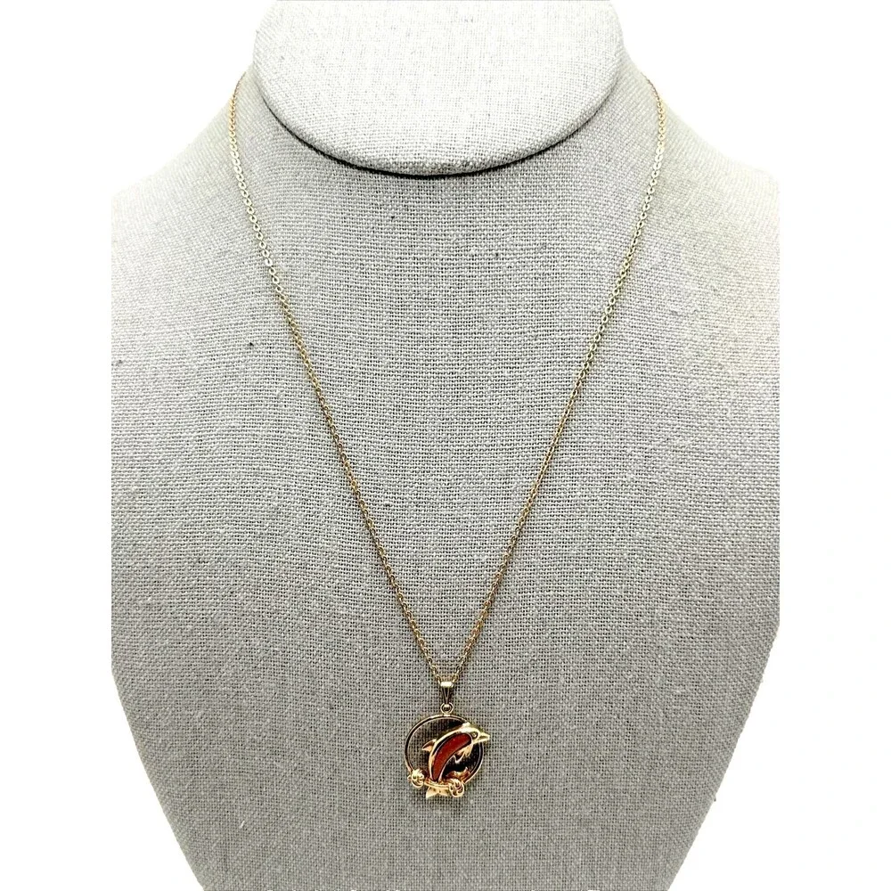 Vintage Leaping Dolphin Pendant Necklace Goldstone Gold Tone Jumping 18
